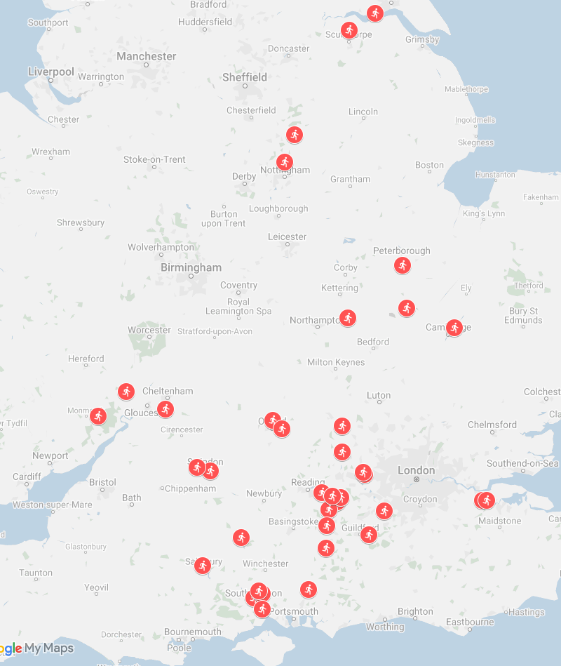 Google map showing all Permanent Orienteering Courses completed.