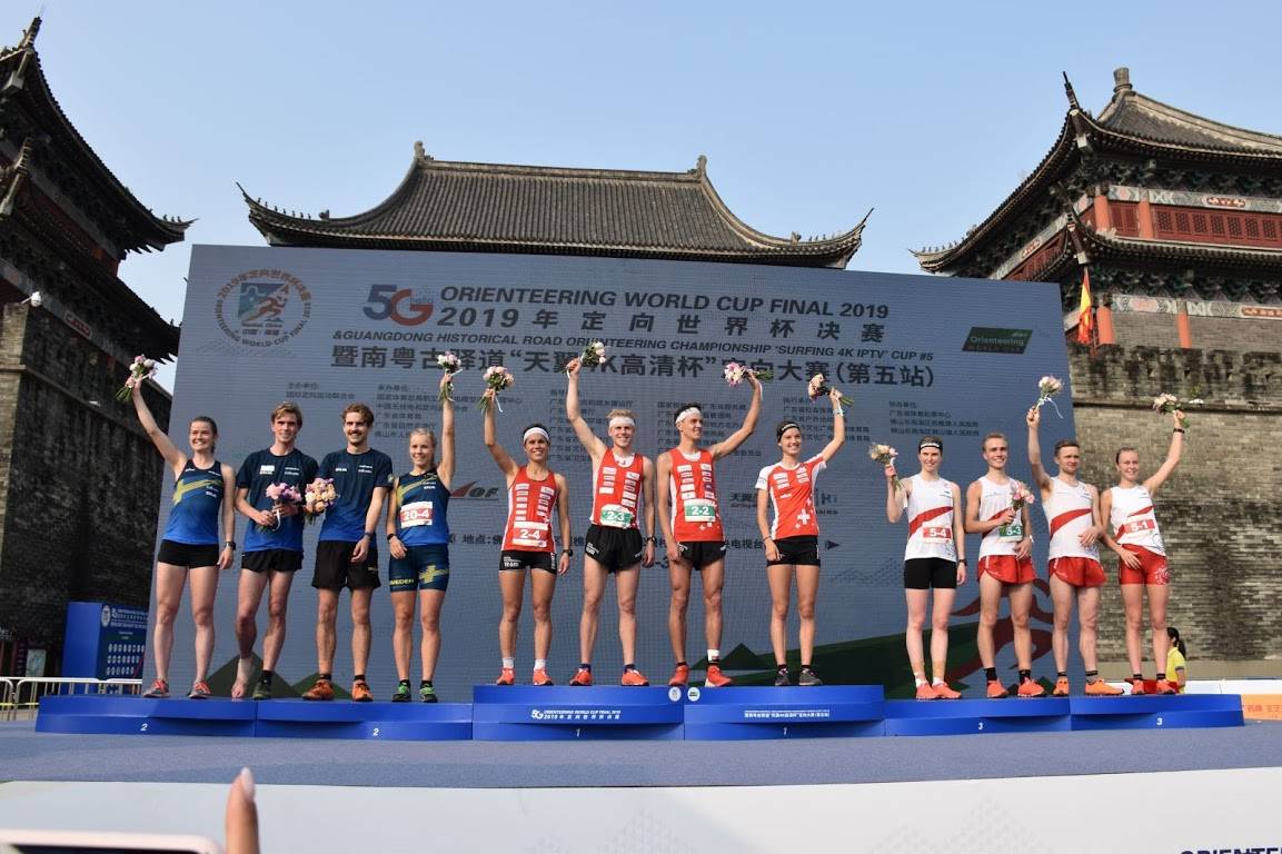 World Cup Sprint Relay winners on the podium:  Sweden 2 team, Switzerland 1, Norway 1